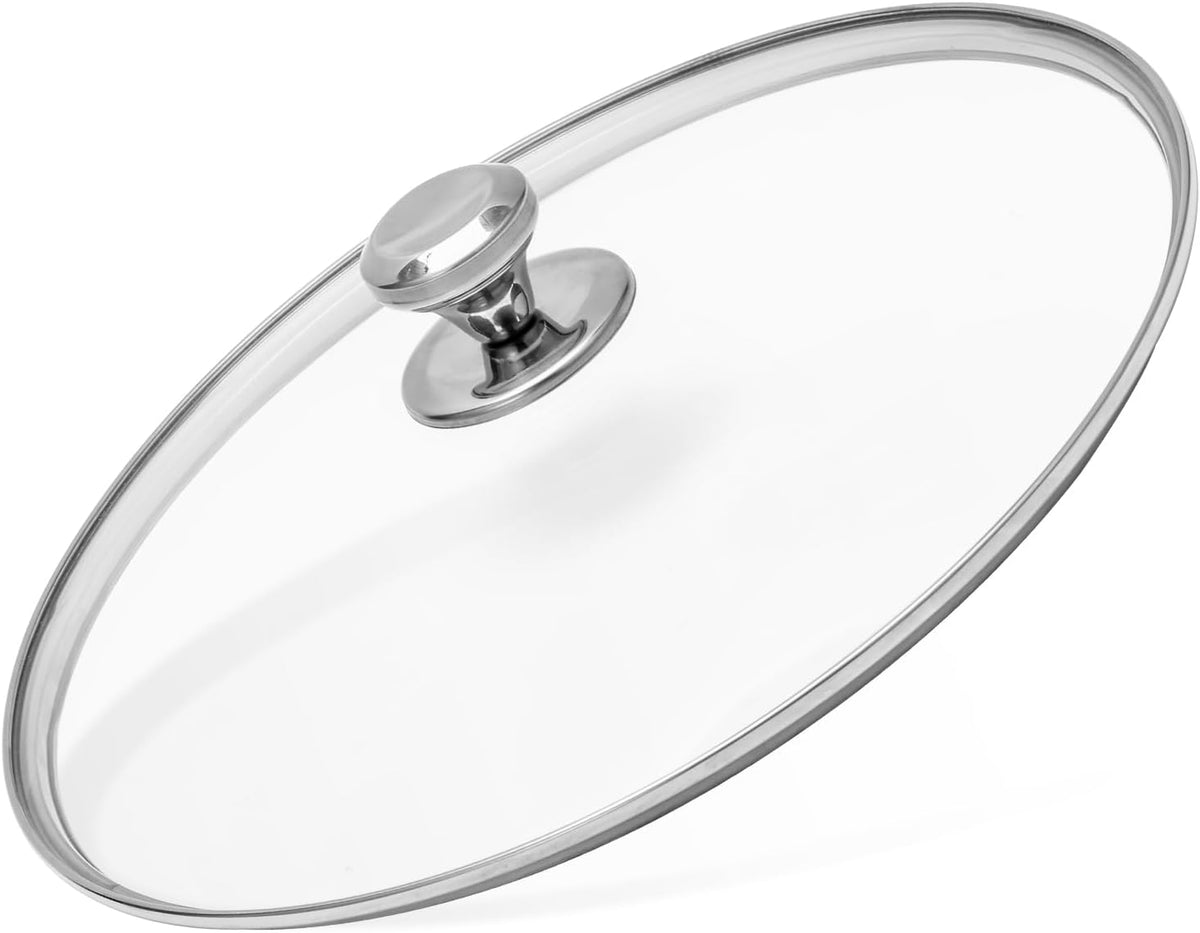 12 Inch Tempered Glass Lid with Stainless Steel Knob, Round Replacement Glass Cover Compatible with Lodge Cast Iron Skillets and Dutch Ovens, For Stovetop Cookware