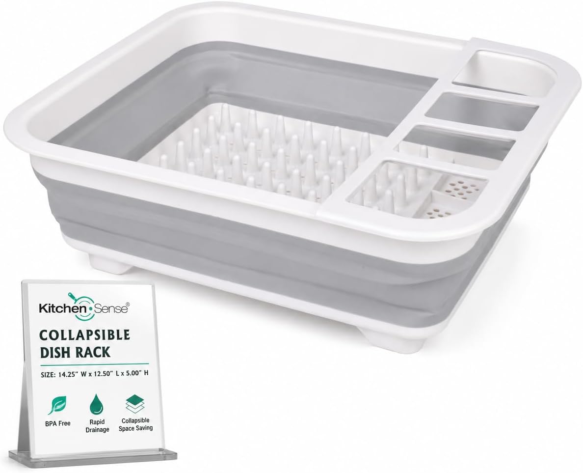 American Dream Collapsible Dish Drying Rack, BPA Free, Grey Foldable Kitchen Dish Drainer with Drain System, Space-Saving Organizer for Plates, Cups & Utensils