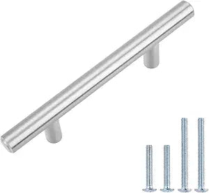 Amazon Basics Euro Bar Cabinet Handles, Drawer Pulls, Kitchen Cabinet Hardware, 5.38-inch Length, 3-inch Hole Center, 1/2-inch Diameter, Satin Nickel, 25-Pack
