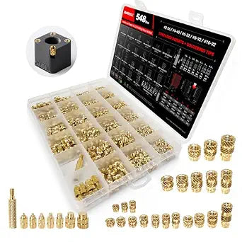 548Pcs Threaded Inserts,#2-56#4-40#6-32#8-32#10-32 UNC Female Thread Knurled Nuts Assortment Kit+8 Heat Set lron Tools,Brass Heat Set Insert for Plastic and 3D Printing Components