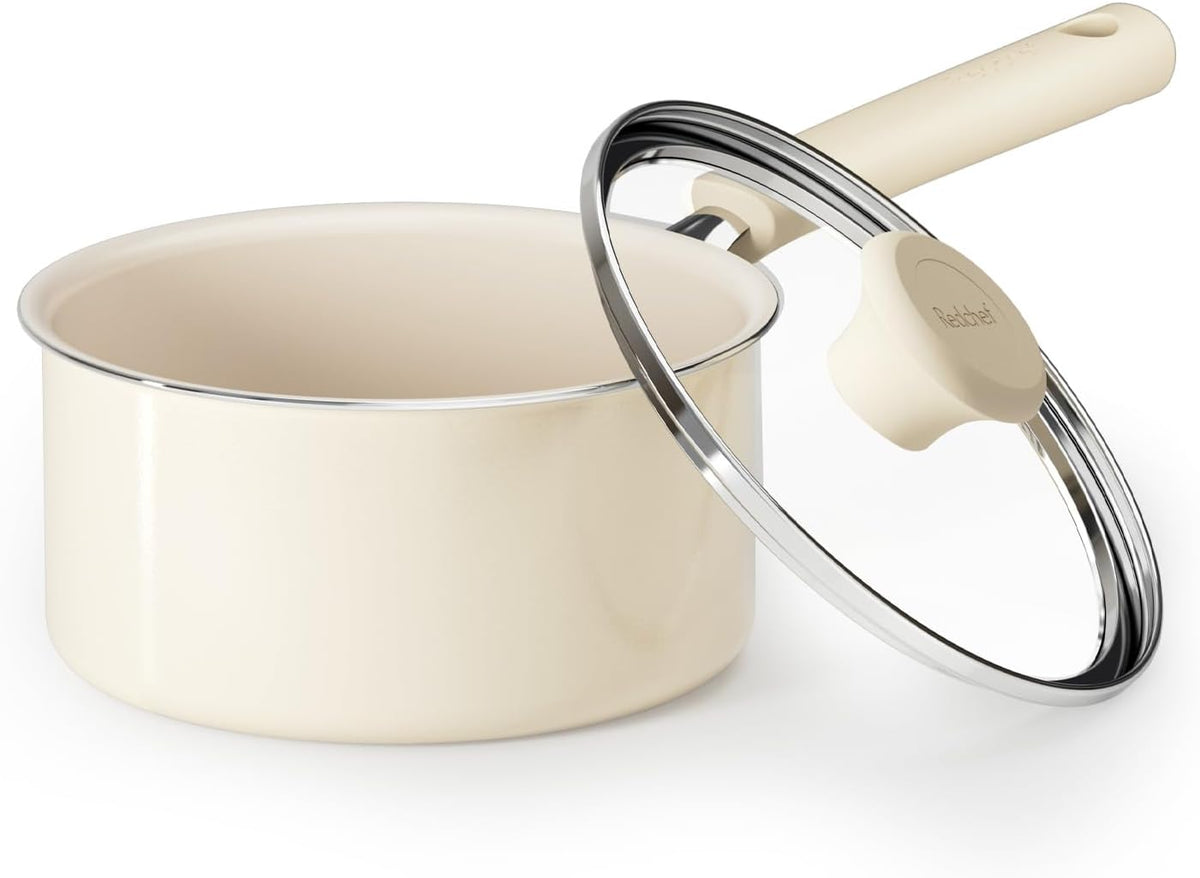 Redchef Ceramic Saucepan with Lid, 1.5QT Small Cooking Pot, Beige White