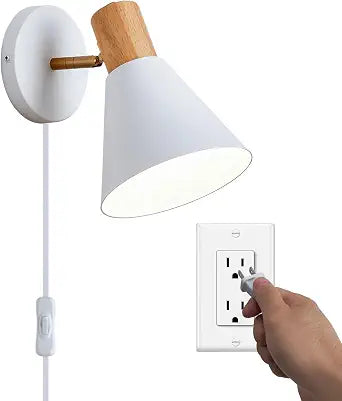 Plug in Wall Sconces Lighting Fixture, Wooden Adjustable Bedside Wall lamp for Industrial Bedroom, Living Room Bathroom Sink Lighting (1 Pack, White)