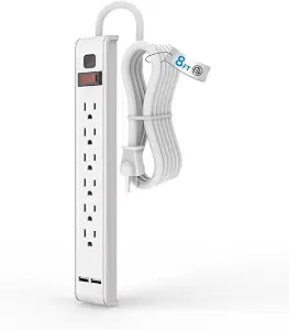 TiFFCOFiO Power Strip Surge Protector, 6 Outlets with 2 USB Ports, 8 Feet Extension Cord, 600 Joules, Wall Mountable for Home, Office and Dorm, 15A/1875W, ETL Listed