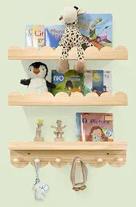 Nursery Shelves for Wall with Hooks-Scalloped Wall Book Shelves for Bedroom Kids Set of 3, Nursery Furniture Must Have, 16 Inch, Natural
