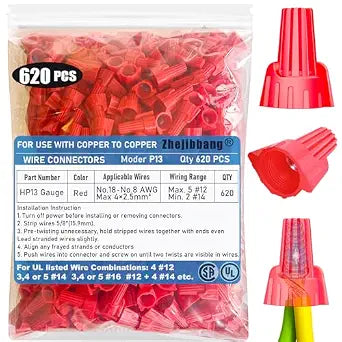 620 PCS Winged Red Wire Nuts 13 Gauge for 18-8 AWG, HSP13 Easy Twist-On and Easy Screw On Wire Connectors Ribbed Cap for Quick Connect Electrical Wiring,Heavy Duty Screw Terminals with Metal Spring
