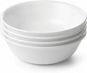 Corelle 4-Pc Meal Bowls Set Service for 4, Durable and Eco-Friendly 9-1/4-Inch Glass Bowls, Compact Stack Bowl Set, Microwave and Dishwasher Safe, White, 46 Ounces
