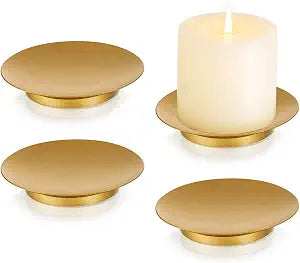 Romadedi Gold Iron Pillar Candle Holder Plates, Decorative Stand Pack of 4