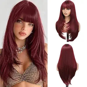 Burgundy Layered Wig with Bangs 26 Inch Long Wavy Red Wigs for Women Heat Resistant Synthetic Wig for Daily Use
