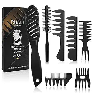 DUAIU 7Pcs Men's Hair Styling Set: Vent Brush, Round Brush, Wide-tooth Comb, Texture Comb for Blow Drying, Detangling, Grooming, and Hairdressing