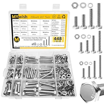 Mywish 448PCS M5 M6 M8 Screw Set, Metric Bolt Assortment, 304 Stainless Steel, Nuts and Bolts Set Flat & Spring Washers, Hex Head Cap Screws Bolts and Nuts Kit, Fully Thread
