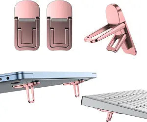 2PCS Metal Mini Foldable Laptop Stand, Portable Computer Keyboard Riser with 2 Adjustable Angles, Self-Adhesive Invisible Notebook Stand and Keyboard Lift for Desk (Pink)