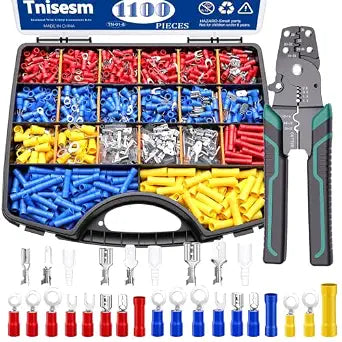 Tnisesm 1100PCS Wire Connector Kit with Crimping Tool, Copper Insulated Electrical Wire Terminals - Ring, Butt, Spade, Fork, Assorted Crimp Connectors in Reusable Carrying Case