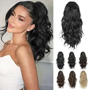 Lommel Ponytail Extension, Claw Clip Ponytail Extension for Women Long Wavy Pony Tails Hair Extensions Fluffy Natural Looking Synthetic 16 Inch Clip in Ponytail Hairpiece for Daily Use(Black)