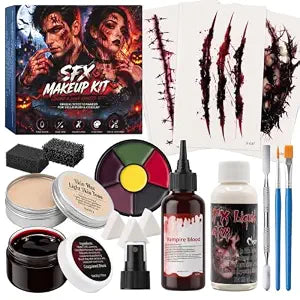 Special Effects SFX Halloween Makeup Kit - Wound Tattoo Stickers,Face Body Paint Palette , Fake Blood Splatter Spray, Coagulated Blood Gel, Scar Wax, Liquid Latex and Spatula Tool