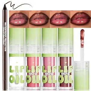 4 Colors Hydrating Lip Oil with Brown Lip Liner Set, Moisturizing Lip Combo High Pigmented Lightweight Glossy Liquid Lipstick and Lip Liner, Smooth Plumping Lip Kit Non-sticky Makeup Present, A