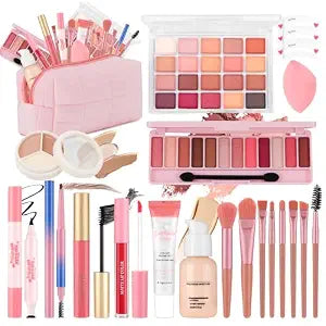 All In One Makeup Kit for Teen Girls Beginners with Foundation,Eyeshadow, Lipstick, Eyeliner, Mascara, Brushes, Bag, Travel Friendly MakeUp Gift Set, Birthday Gifts for Teen Girls, Graduation Gifts
