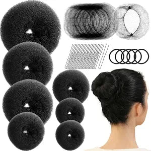 Fandamei Hair Bun Maker Set- 7 PCS Hair Donuts for Buns (1 Extra-large,2 Large,2 Medium and 2 Small), 10 Invisible Hair Nets for Buns, 20 PCS Bobby Pins, 5 PCS Hair Elastic Ties Black,Bun Maker-Black