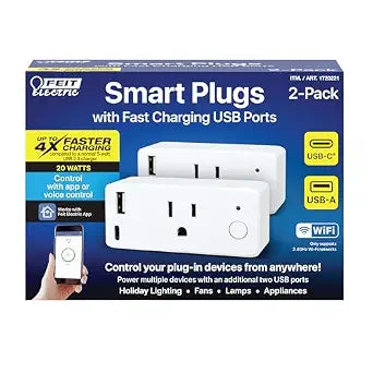 Feit Electric Smart Plug, Works with Alexa and Google Home, No hub Required, 2.4 GHz Network Only, Remote Control from Anywhere 15 Amp, Indoor Outlet for Home Appliances (Smart Plug + USB Ports, 2)
