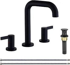 RKF Bathroom Faucets for Sink 3 Hole Black 8 Inch Widespread Bathroom Sink Faucet with Drain Bouble Lever Handle Faucet Vanity CWF028-MB