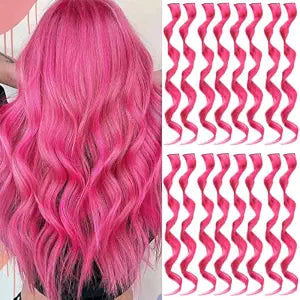 Pink Hair Extensions Clip in Curly Wavy Hot Pink Hairpiece 16 Pcs