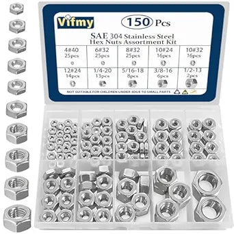 SAE Hex Nut Assortment Kit,150Pcs Stainless Steel#4-1/2 Nut Set