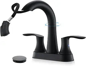 Bathroom Sink Faucet with Pull Out Sprayer, 4 Inch 3 Hole Bathroom Faucet with 2 Water Mode 360 Swivel Spout, Matte Black Faucets with Pop Up Drain & cUPC Supply Lines for Bath Laundry Rv Vanity Use