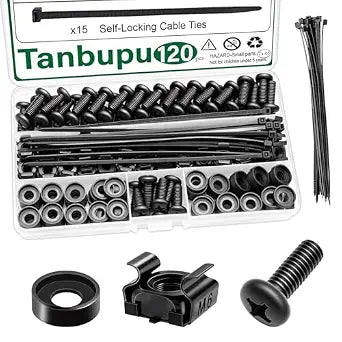 120Pcs M6 x 16mm Rack Mount Cage Nuts, Screws, Washers and Self-Locking Cable Ties, Server Rack Screws and Square Nuts for Rack Mount Server Cabinet, Shelves, Enclosures, Routers
