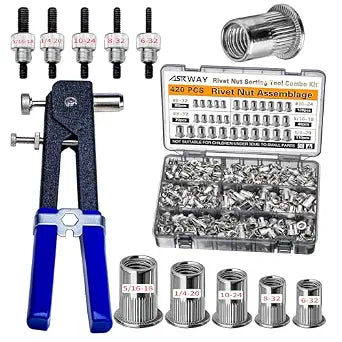 ASKWAY SAE Rivet Nut Tool 420pcs Imperial Carbon Steel Rivet Nut Tool Kit, 5/16-181/4-2010-248-326-32, Suitable for Furnitur, Automotive, Marine and Industrial Applications