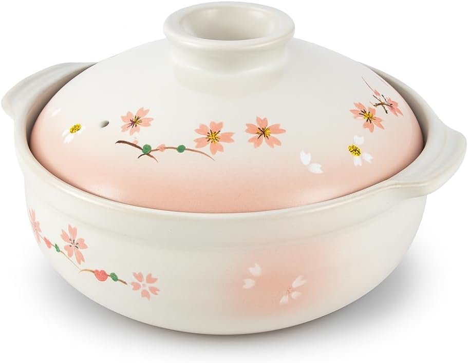 JapanBargain, Clay Pot for Cooking Japanese Donabe Hot Pot Casserole Korean Earthenware Pot with Lid, Sakura Pattern, 7-inch, Serving 1-2 People (No.06)