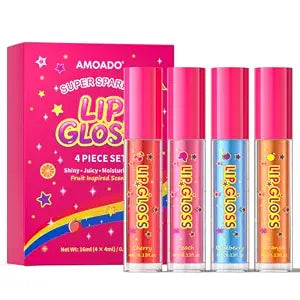 AMOADO Glitter Lip Gloss for Teen Girls, 4 Pack Fruity Flavored Shimmer Lip Gloss Set, Non-Sticky Tinted Lip Gloss Oil, Teens Makeup Gift Set for Young Girl