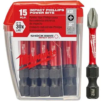 MILWAUKEE ELECTRIC TOOL 48-32-5004 Shockwave 2" Power Bit Phillips #2 15 Piece Contractor Pack