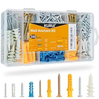 KURUI Drywall Anchors Assortment Kit for Sheetrock Concrete Brick, 350Pcs Wall Anchors and Flat Head Screws, 5 Sizes Picture Hanging Set for Bedroom/Office Wall Art Decor, House Warming Gifts New Home