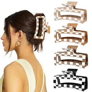 4 PCS 5 Inch Checkered Hair Claw Clips for Women - Square Checker Extra Large Claw Clips, Rectangle Durable Claw Clips for Thick Long Curly Hair, Hair Accessories for Daily, Dating, Work & Travel