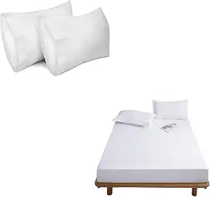 Cotton Fitted Sheet (Twin) Bundle with 2pk Pillow Cases (Queen), White