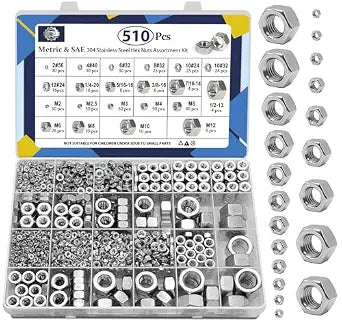 ZQZ 510 Pcs SAE & Metric Hex Nut Assortment Kit;304 Stainless Steel Nut Set