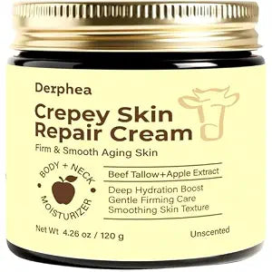 Crepey Skin Repair Treatment: Crepey Skin Repair Cream for Aging Skin with Pure Beef Tallow, Soluble Collagen & Apple Fruit - Advanced Crepe Fix Cream for Neck, Arms, Chest, Body - Unscented