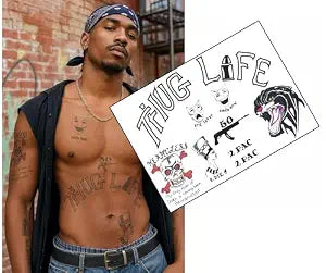 90s Rapper Style Tattoo Sheet Thug Life Temporary Tattoos ï¿½ï¿½ï¿½ (A4 Full Set) ï¿½ï¿½ï¿½ Realistic Chest & Body Tattoos for Fancy Dress, Festival
