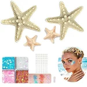 4PC Halloween Starfish Hairpin &4 colors Facial Body Glitter Set & Pearls Sticker Gems & Pink Gift Bag Suitable for Female Girls' Mermaid Costumes, 6-in-1 Mermaid Accessories and Gift Bag