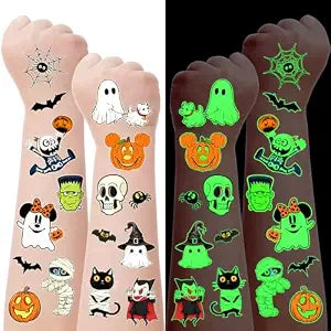 160pcs Halloween Temporary Tattoos, Glow in the Dark Tattoos Waterproof Luminous Tattoo Stickers Pumpkin Skeleton Witch Designs for Halloween Goodie Bag Fillers Party Favors