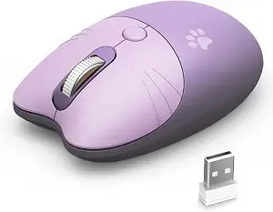Cute Cat Wireless Mouse, 2.4GHz Wireless Silent Mouse, USB Receiver Plug and Play, 3 Adjustable DPI, Compatible with Notebook, PC, Laptop, Computer- Purple Colorful