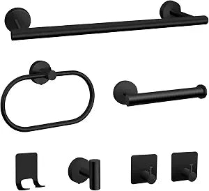 7 PCS Bathroom Hardware Set, Matte Black Stainless Steel Bathroom Tower Rack Set Wall Mounted Includes 16" Towel Bar, Toilet Towel Paper Holder, Towel Ring, 4 Robe Towel Hooks