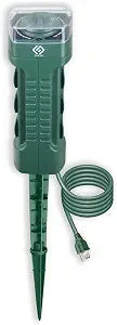 OSKOS Outdoor Power Stake with Photocell Timer 2/4/6/8 Hour Countdown, Dusk to Dawn, 6 Grounded Outlets 6FT Cord, UL Listed, Green