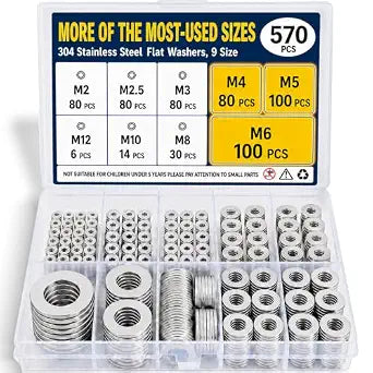 570PCS Flat Washers for Screws, 304 Stainless Steel Washers Assortment