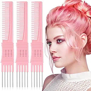 Leinuosen 3 Pack Teasing Combs with Metal Pick, Pink