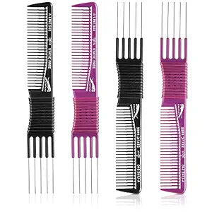 Patelai 4 Pcs Teasing Combs with Metal Picks for Women,Black and Purple