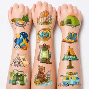 96 PCS Camping Pre-Cut Temporary Tattoos for Kids (8 Sheets)