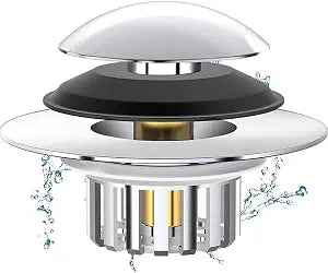 Universal Bathtub Drain Stopper - Pop-Up Hair Catcher with Filter, Fits 1-3/8" to 2" Drain Holes, Anti-Clog Drain Cover with Overflow Plate, Chrome/Black Bath Tub Plug for Bathroom Sink