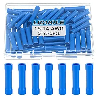 16-14 AWG Blue Butt Splice Connectors 14 16 Gauge Electrical Wire Crimp Connector Insulated Wiring Crimps Terminals (Pack of 70Pcs)