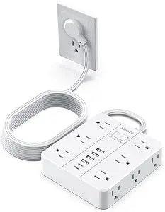 Power Strip 15 Ft Extension Cord, 12 Widely Spaced Outlets 6 USB (2 USB C) Ports, Ultra Thin Flat Plug Power Strip for Home, Office, Dorm Room Essentials