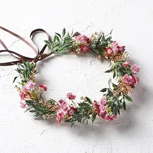 Women Girl Flower Crown, Golden Green Leaves Pink Flower Headband